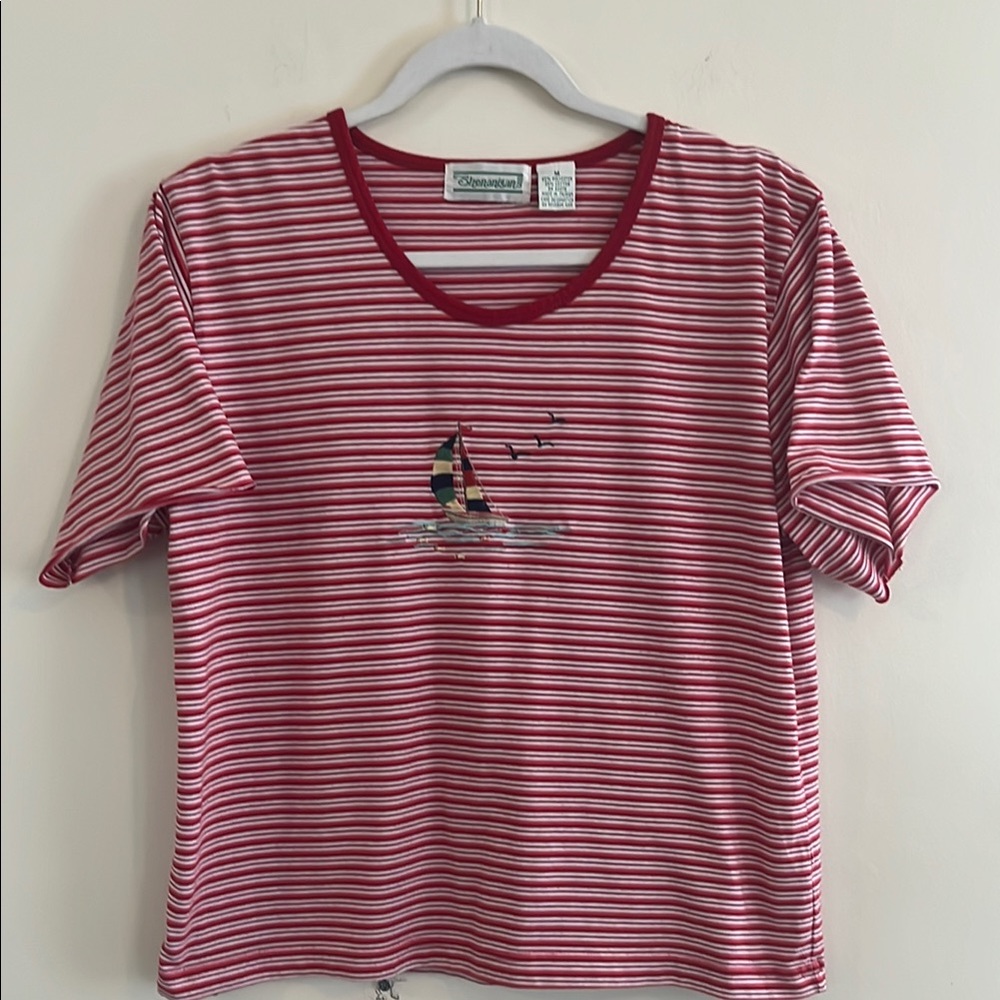 Vintage Shenanigans Nautical Tee Shirt Striped Preppy 90s Casual Embroidered M‎